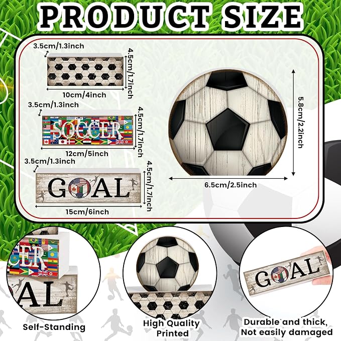 Moucuny 4 Pcs Soccer Table Decor Wooden Sport Tiered Tray Decor National Flags Table Centerpiece Decorative Classic Soccer Block Signs Gift Farmhouse Sports Decoration for Home Kitchen Shelf - Image 3