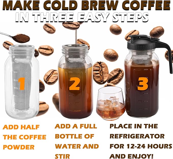 TECHSHARE Cold Brew Coffee Maker Jar 32oz – Heavy Duty Mason Pitcher with Stainless Steel Filter, Wide Mouth Spout Lid & Handle for Iced Coffee, Tea, Lemonade, and Fresh Fruit Drinks