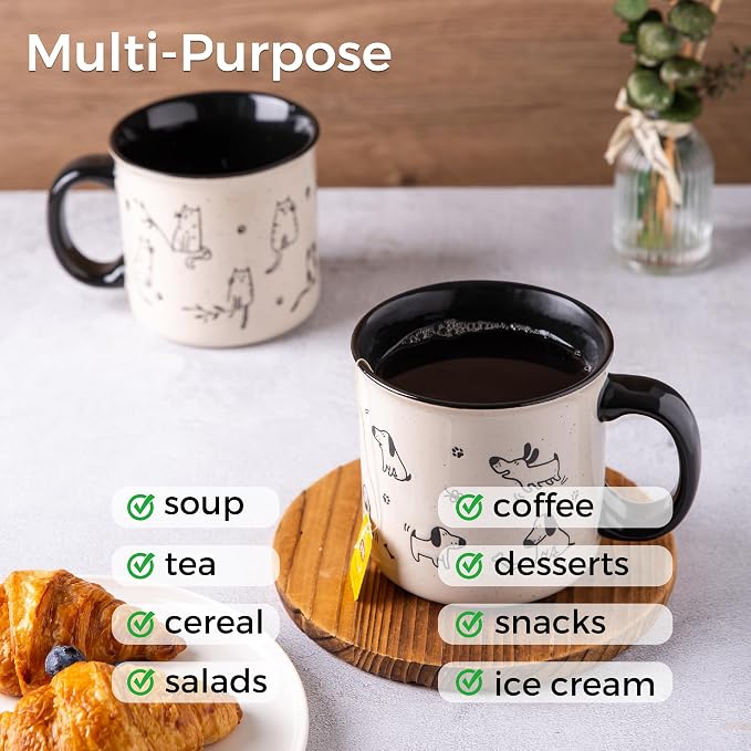 AmorArc 22 OZ Large Ceramic Coffee Mugs Set of 2, Oversized Mugs With Big Handle for Men Women Dad Mom, Big Mug With Textured Dogs Cats Patterns for Office & Home -Microwave Safe, 2 Pcs-Black - Image 5