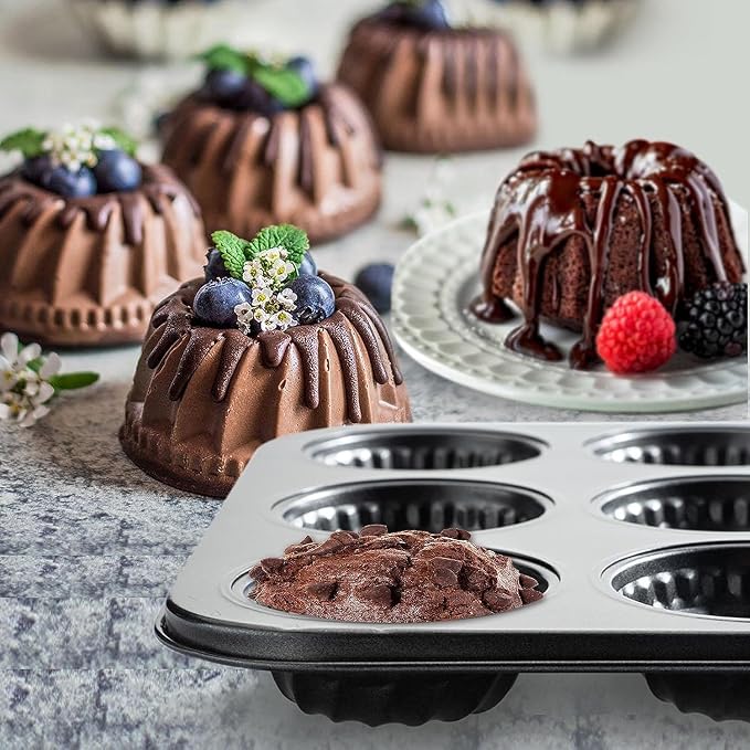 Mini Bndt Cake Pan 2 Pack, Nonstick Brownie Bowl Pan 12-Cavity Fluted Small Round Cake Tray Shortcake Pan Mold for Fall Baking Thanksgiving Muffin Bavarois, Carbon Steel Cake Pan - Image 6