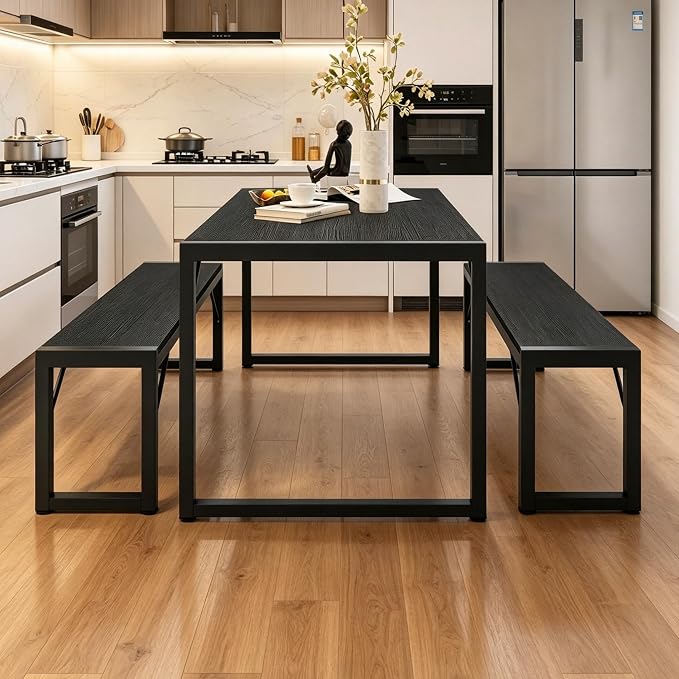 Bealife Dining Table Set for 4 with Metal Frame and MDF Board - Black | Space Saving Kitchen Table with 2 Benches, Kitchen Table Set for Apartment, Dining Room, Breakfast Nook - Image 8