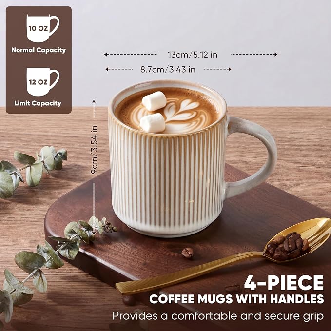 E-far Coffee Mugs Set of 4, 12 oz Stoneware Coffee Cups with Handle for Latte, Tea, Cocoa, Milk, Modern Ribbed Ceramic Mugs for Man Woman, Microwave & Dishwasher Safe, Creamy Beige - Image 2