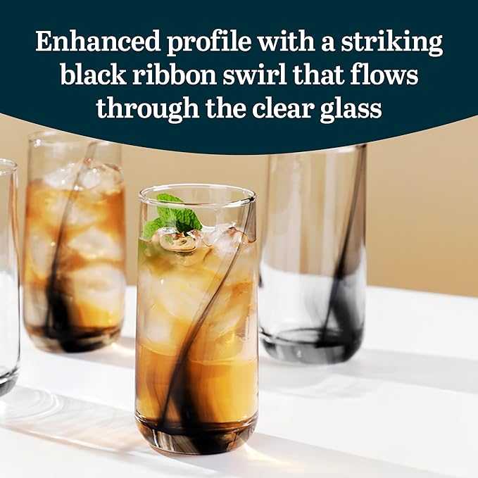 16 Oz Ascent Black Ribbon Drinking Glasses Set of 8 | Modern Black Ribbon Design, Dishwasher Safe & Easy to Clean, Durable for Everyday Dining and Entertaining - Image 4
