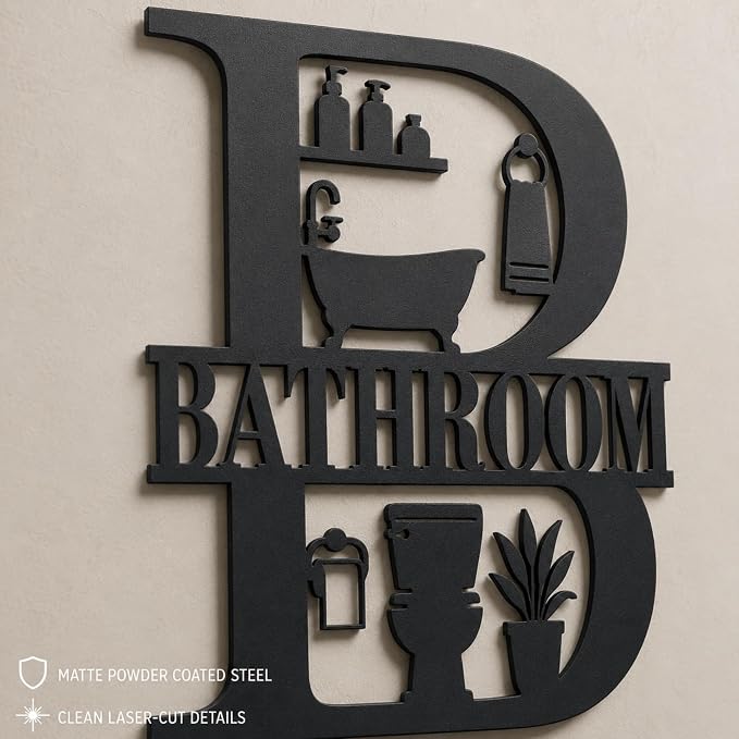 Bathroom Metal Wall Decor, Farmhouse Restroom Sign, 14 Inch | 14-inch matte black metal bathroom sign with pre-drilled holes for farmhouse, modern, or rustic restroom wall decor. - Image 7