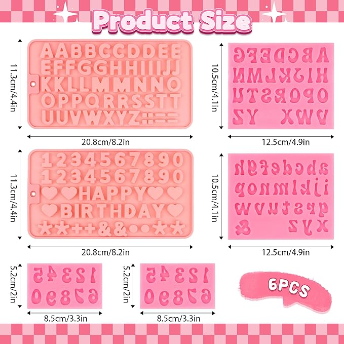6PCS Chocolate Molds, Letters Numbers Silicone Chocolate Molds Reusable Alphabet Candy Molds with Happy Birthday Heart Shaped for Baking Desserts and Strawberries, Candy, Cake Decoration