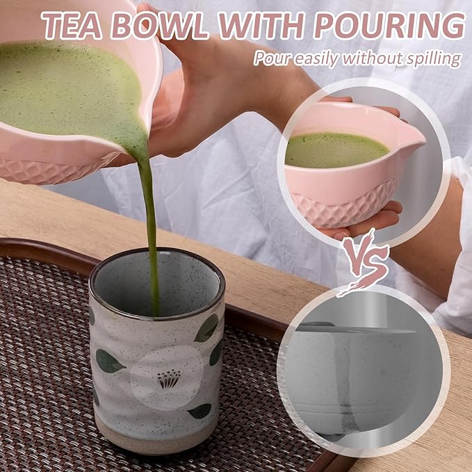 Joyscale Matcha Whisk Set, Matcha Set Whisk And Bowl, 8 Pcs Matcha Kit Set(Texture Design), 16 OZ, Japanese Matcha Tea Set, Matcha Making Kit Gifts for Tea Lovers(Pink)