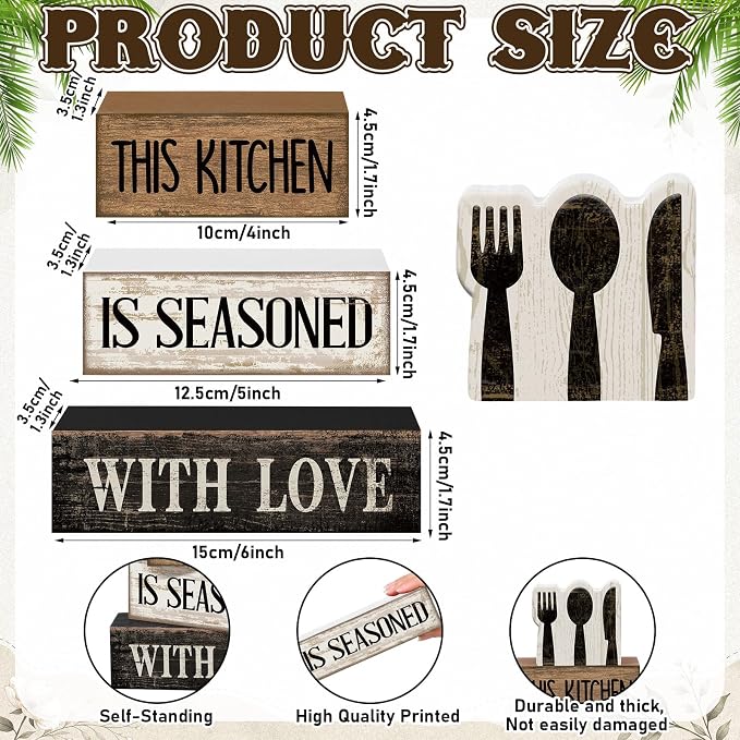 Moucuny 4 Pcs Farmhouse Kitchen Decor Rustic Spoon Fork Knife Wooden Stacked Block Decor Farmhouse Kitchen Table Centerpiece Rules Sign for Dining Room Cabinet Countertop Shelf Decoration - Image 3