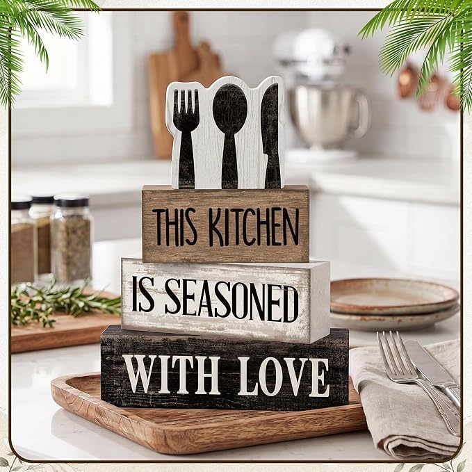 Moucuny 4 Pcs Farmhouse Kitchen Decor Rustic Spoon Fork Knife Wooden Stacked Block Decor Farmhouse Kitchen Table Centerpiece Rules Sign for Dining Room Cabinet Countertop Shelf Decoration - Image 2