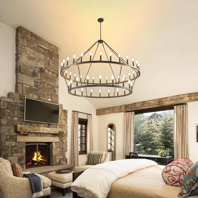 55 Inch Black Wagon Wheel Chandelier, 2 Tier 48-Lights Farmhouse Chandelier for Living Room, Round Rustic Dining Room Light Fixture, Extra Large Foyer Chandeliers for High Ceilings, for Entryway - Image 7