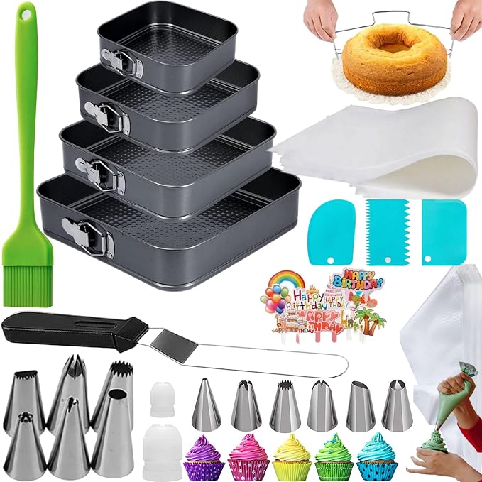 Cake Square Pan Sets for Baking + Cake Decorating Supplies: 4 Non-Stick Springform Pans Set (8.5,9.5, 10, 11 inches), Icing Tips, Cake Leveler – Multi-functional Leak-Proof CheeseCake Pan & eBook by Tingjia