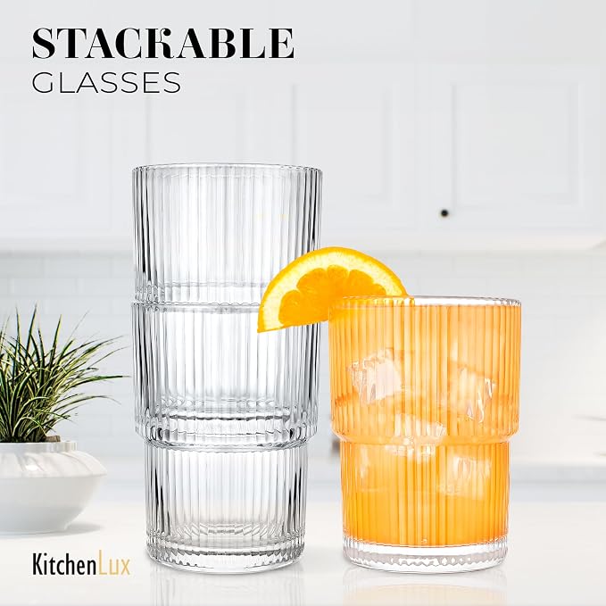 Kitchen Lux Ribbed Drinking Glasses - Ribbed Glass Cups 15 oz - Ribbed Glassware Set of 6 - Textured Vintage Retro Ripple Aesthetic Glass Ware for Whiskey Cocktail Beer Water, Coffee Bar Accessories - Image 4