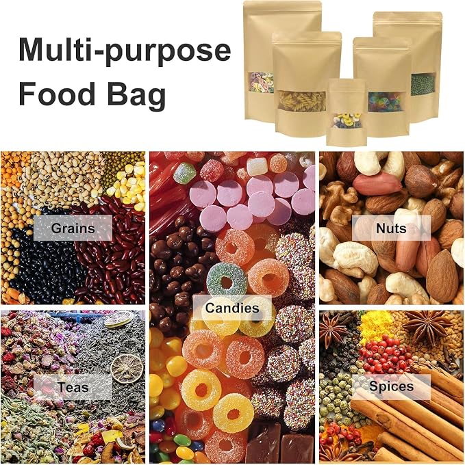 SumDirect Kraft Stand Up Pouches - 100Pcs Resealable Kraft Paper Stand Up Bags with Window, Zipper Disposable Food Storage Bags for Home or Business (100, 3.5x5.5inch) - Image 7
