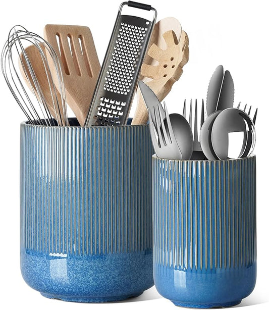 LE TAUCI Utensil Holder for Kitchen Counter, 7.3"+5.4" Fluted Ceramic Utensil Crock Organizer for Countertop, Heavy Large Holder for Spatulas, Spoons, Set of 2, Blue Marble by LETAUCI