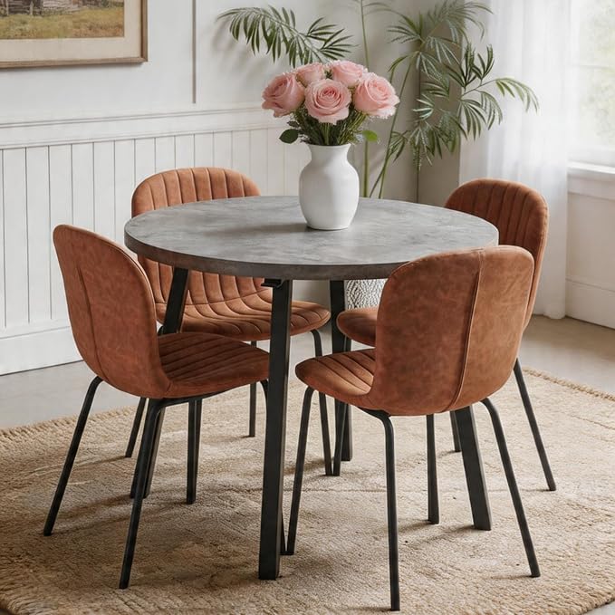 5-Pieces 37.4" Round Dining Table Set for 4,Mid Century Modern Small Coffee Table, Engineered Wood Table and Chairs Set of 4 for Kitchen, Dining Room, Office(1 Table+4 Brown PU Leather Chairs) by SQPFTW