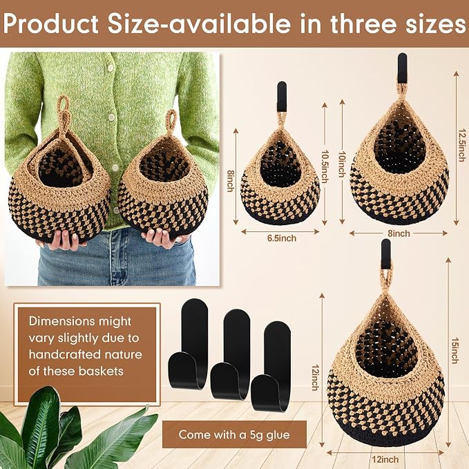 Honeydak Boho Decor Hanging Wall Baskets for Kitchen 3 Pack Teardrop Baskets with Hooks Storage Fruit Onion Vegetable Potato for Home 3 Sizes(Linen with Black,Teardrop,Cotton Rope) - Image 2