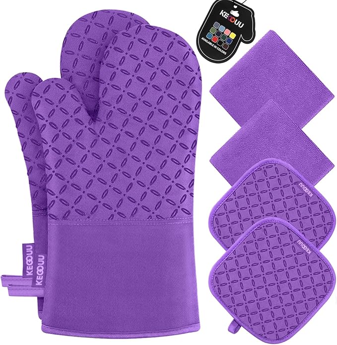 KEGOUU Oven Mitts and Pot Holders 6pcs Set, Kitchen Oven Glove High Heat Resistant 500 Degree Extra Long Oven Mitts and Potholder with Non-Slip Silicone Surface for Cooking (Purple) by KEGOUUOvenMitt