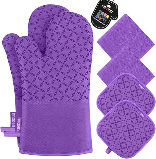 KEGOUU Oven Mitts and Pot Holders 6pcs Set, Kitchen Oven Glove High Heat Resistant 500 Degree Extra Long Oven Mitts and Potholder with Non-Slip Silicone Surface for Cooking (Purple) by KEGOUUOvenMitt