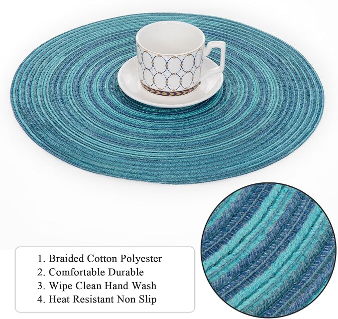 SHACOS 15 inch Round Placemats Set of 6 Variegated Multicolor Place Mats Cotton Polyester Braided Non Slip Washable Heat Resistant Table Mats for Home Wedding Dinner Party Table Decor, Rainbow Teal - Image 4