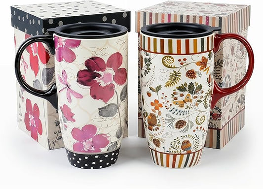 Topadorn Set of 2 Ceramic Travel Mug with Lid, 17oz Ceramic Coffee Mug | Nature Inspired Floral & Woodland Design, Microwave & Dishwasher Safe, Gift Boxes Included by Topadorn