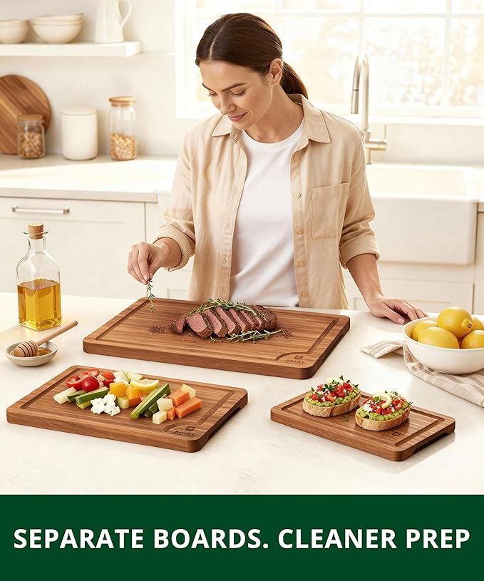 ROYAL CRAFT WOOD Wooden Cutting Boards for Kitchen Appliances - Non Toxic Bamboo Wood Cutting Board Set with Deep Juice Groove, Side Handles, Charcuterie & Butcher Block for Meat, Meal Prep & Serving - Image 4