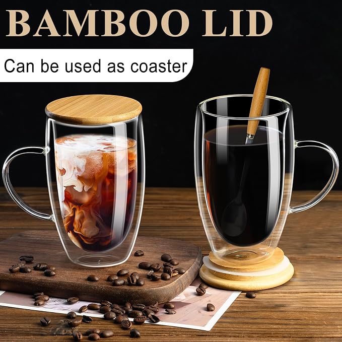 PARACITY Double Wall Glass Coffee Mugs 16OZ with Bamboo Lid/Spoon, Glass Coffee Cups Set of 2 with Handle, Insulated Clear Coffee Mug, Perfect for Latte, Cappuccino, Espresso, Hot Beverage, Tea | Each clear cup has a handle, bamboo lid and wooden spoon... - Image 3