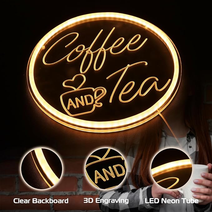Kavaas Coffee and Tea Neon Signs 11.8"x 11.8", 3D Carved Coffee Neon Sign for Cafe Station, Tea Bar, Kitchen Decoration - Best Gifts for Birthday, Housewarming, Christmas - Image 4