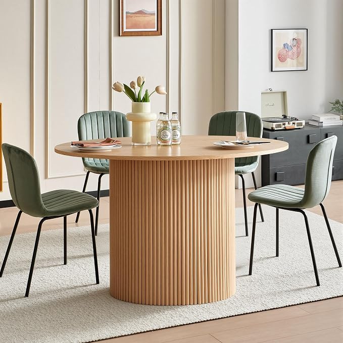 5 Piece Round Dining Table Set for 4, Mid Century Modern Wooden Kitchen Table and Chairs, Space-Saving Small Dinette Set (47 Inch Oak Table+4 Green Chairs) - Image 3