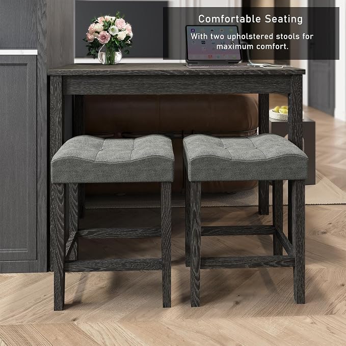 allamazing 3-Piece Counter Height Bar Table Set with Socket and 2 Fabric Padded Bar Stools, Tall Kitchen Breakfast Dining Table Set with Stools (1+2 Black) - Image 6