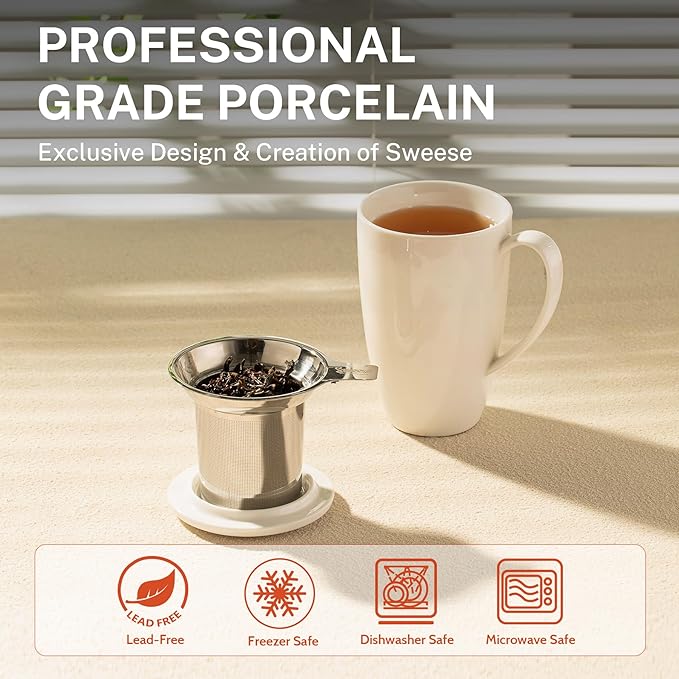 Sweese 15oz Porcelain Tea Mug with Infuser and Lid – Microwave Safe, Ergonomic Handle, Lead-Free Glaze, for Loose Leaf Tea White; - Image 3