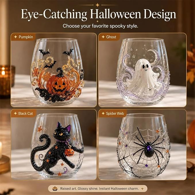 3D Halloween Artisan Glassware Collection, Premium Handleless Glass with Ghost, Pumpkin, Spider & Black Cat Gothic Style Artistic Glass Wine Goblet Designs, for Party & Cozy Fall Home Bar (B) - Image 2