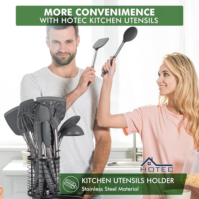 HOTEC 446°F Heat Resistant Silicone Kitchen Utensils, Cooking Utensil Set, Spatula Set, BPA Free, Kitchen Gadgets, with Stainless Steel Utensils Holder, Dishwasher Safe, 14pcs Grey - Image 3