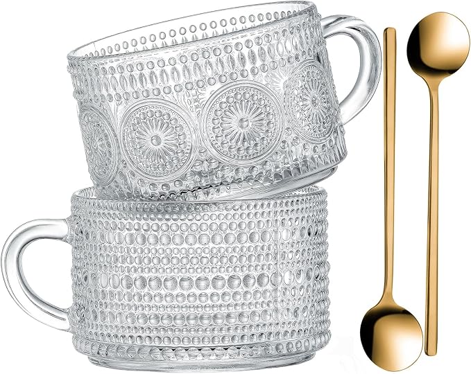 Gezzeny Vintage Glass Coffee Mugs 14 Oz Set of 2 Clear Embossed Tea Cups, Glass Coffee Cups for Cappuccino, Latte, Cereal, Yogurt, Beverage Christmas Thanksgiving Gifts | Clear Embossed Glass Cups for Tea, Cappuccino, Latte, Cereal, Yogurt, Beverage Bi... by Gezzeny