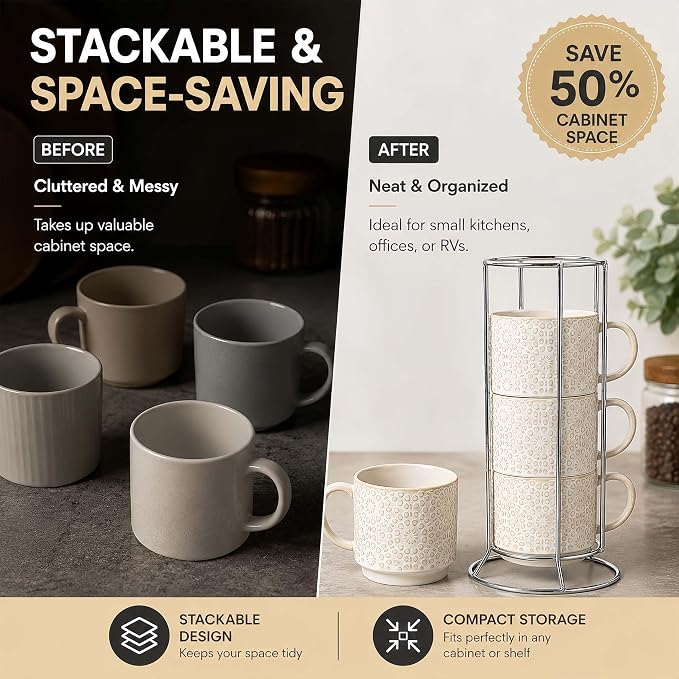 6 Oz Coffee Cups Set of 4, Stackable Espresso Cups with Metal Stand, Ceramic Cappuccino Cup, Embossed Coffee Mugs for Latte, Cocoa, Mocha, Tea, Housewarming Present, Dishwasher Safe - Image 5