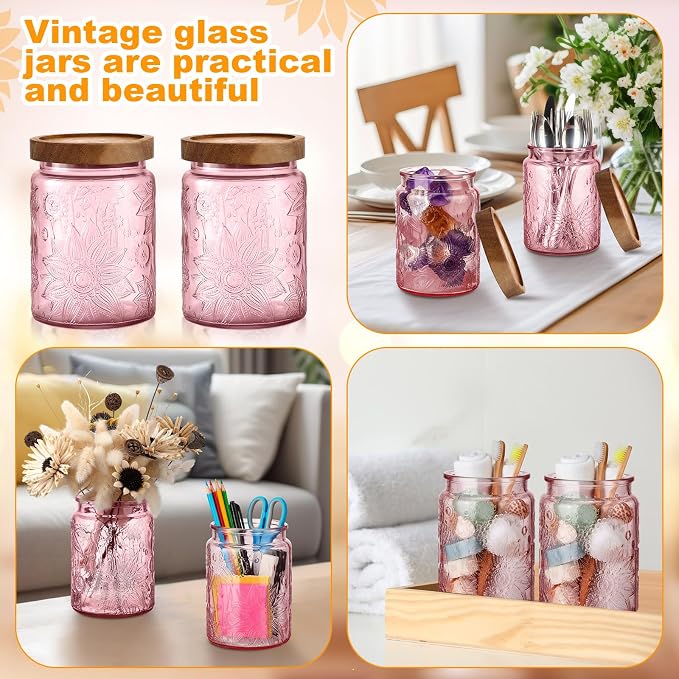 LemonRoad 8 Pcs Vintage Pink Glass Storage Jars 23.67 oz Candy Jar Canister with Solid Wood Lids Food Storage Container for Kitchen, Ground Coffee, Tea, Sugar, Decorative Mason Cookie Jar - Image 4
