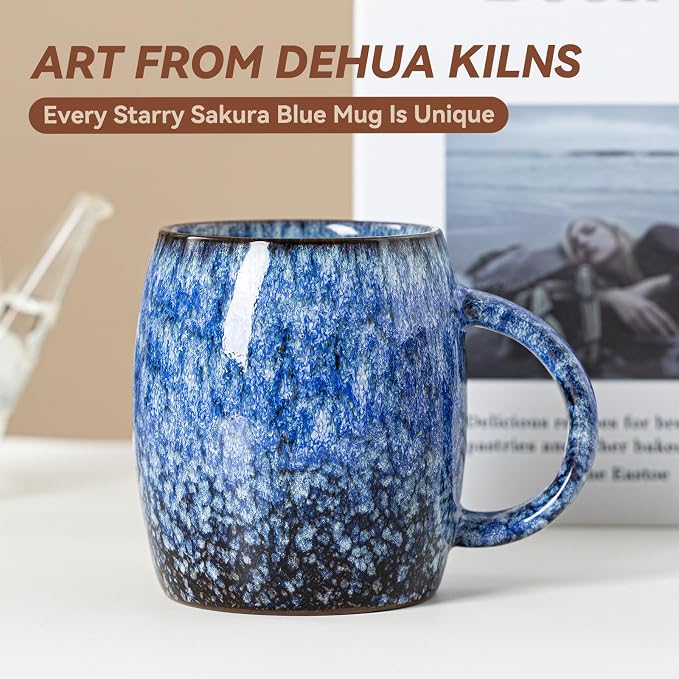Sakura Blue Reactive Glaze Ceramic Coffee Mug - 14 oz Unique Mug with Ergonomic Handle, Large Ceramic Mug for Coffee, Tea, Milk - Great Birthday Gift for Women, Men, Friends, Home & Office Use - Image 2