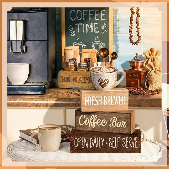 Moucuny 4 Pcs Farmhouse Coffee Bar Signs Decor Wooden Cup Rise & Shine It's Coffee Time Rustic Wood Cafe Sign Gift for Home Kitchen Tabletop Decor - Image 7