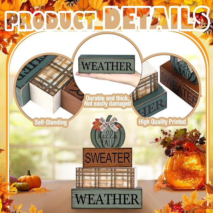 Moucuny 4 Pcs Thanksgiving Pumpkin Decor Fall Decorations for Home Thanksgiving Table Centerpiece Pumpkin Tiered Tray Decor Rustic Decorative Block Signs Farmhouse for Harvest Party Table Kitchen Home - Image 3