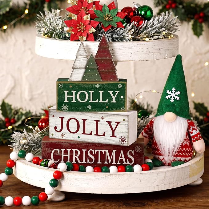 Moucuny 4 Pcs Christmas Table Decorations Rustic Christmas Tree Stacked Wooden Decor Holly Xmas Tree Block Signs Gift Red Green and White Winter Tiered Tray Decor Farmhouse for Home Xmas Party Kitchen - Image 4