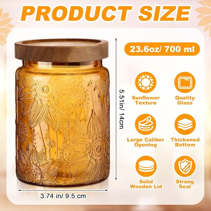 LemonRoad 2 Pcs Vintage Brown Glass Storage Jars 23.7 oz Mason Jar Canister with Wood Lids Food Storage Container for Cookie, Pantry, Candy Kitchen, Coffee, Tea, Flour, Sugar, Decorative Home Decor - Image 2