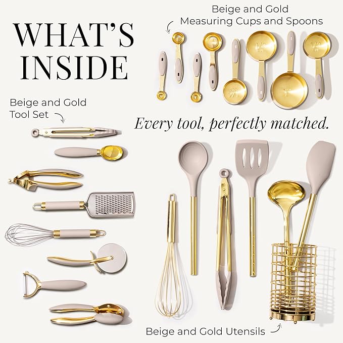 Styled Settings Beige and Gold Utensils Set, 23-Piece | Silicone Nonstick Cooking Tools with Garlic Press, Can Opener, Measuring Cups, Utensil Holder - Luxury Kitchen Accessories - Image 3