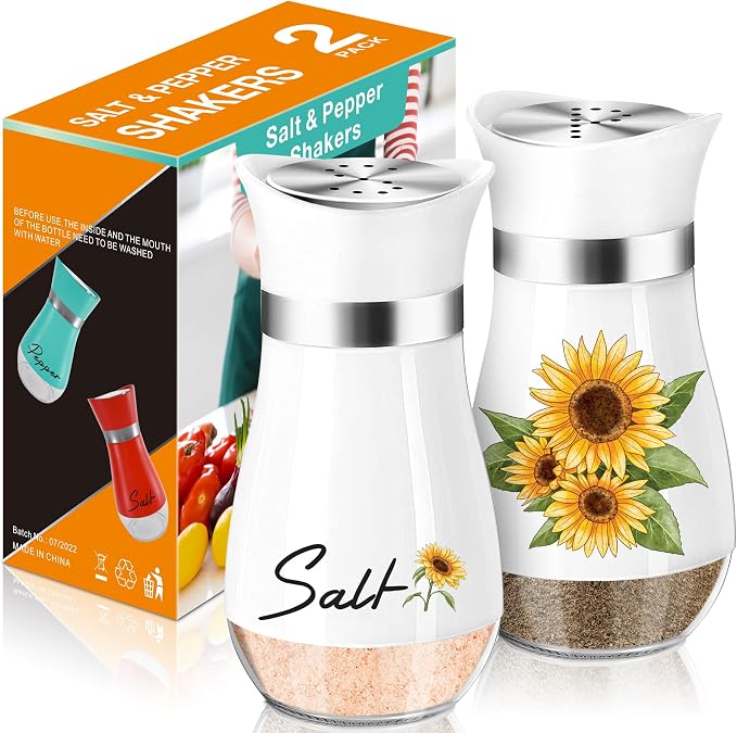 Sunflower Salt and Pepper Shakers - 4 oz Refillable Glass Farmhouse Set | Sunflower Glass Shakers Add Farmhouse Charm to Kitchen Tables And Suit Housewarming Gifts, Thanksgiving And Christmas Decor. by ARROZON