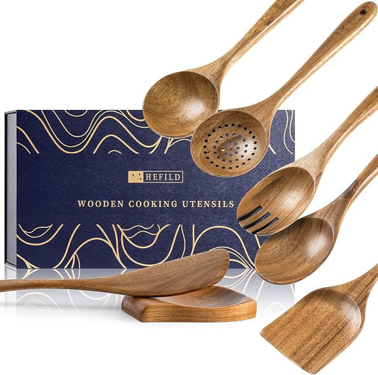 Wooden Spoons for Cooking, 7-Piece Acacia Wood Utensil Gift Set | Spoons and spatulas stir, mix, flip and serve; gift-ready box makes it ideal for housewarmings, weddings and new kitchens. by HEFILD