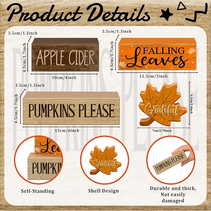 Moucuny 4 Pcs Fall Decoration for Home Wooden Maple Leaf Thanksgiving Table Centerpiece Rustic Thanksgiving Tiered Tray Decor Decorative Maple Leaf Block Signs Farmhouse Autumn Decor for Kitchen - Image 3