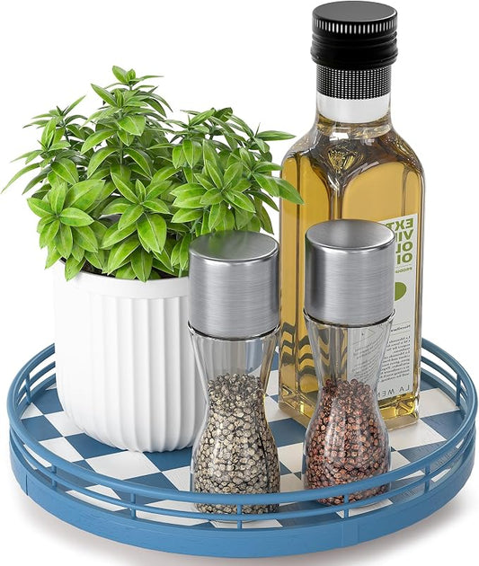 Blue and White Checkerboard Lazy Susan with Rubberwood Base and Metal Rail | Smooth rotating oak tray with walnut finish for dining tables, kitchen counters, pantries and cabinet storage. by AMH