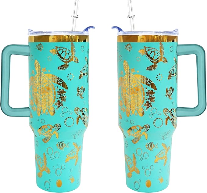 40 oz Sea Turtles Laser Engraving Tumbler With Handle With Lid Straw Double Insulated Travel Coffee Cup Sea Turtles Travel Accessories Must Have Gifts For Women