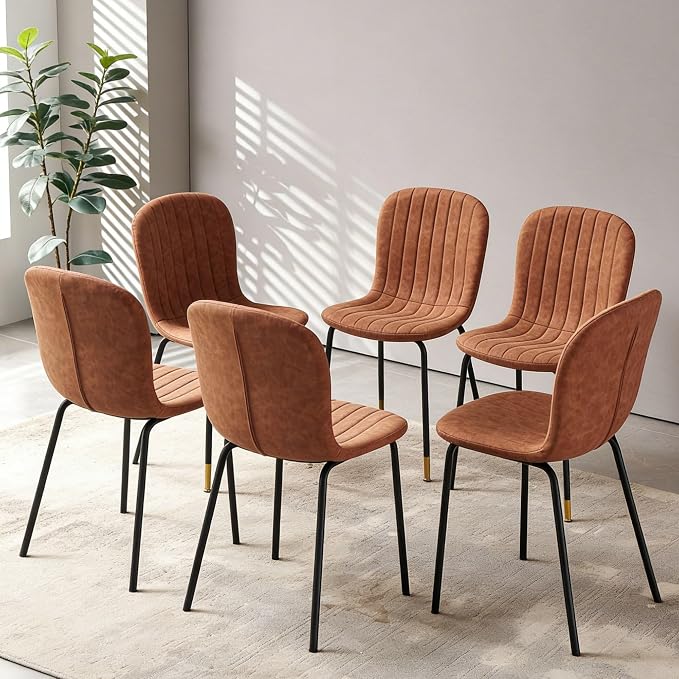 Small Dining Chairs Set of 6, Modern Mid Century Faux Leather Dining Room Chairs with Black Metal Legs, Kitchen Home Living Room Restaurant Apartment, Space-Saving, Brown by SQPFTW
