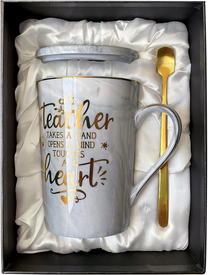Best Teacher Appreciation Gift for Women Men, 14oz Grey Mug with Gold Print | A Teacher Takes A Hand Opens A Mind Touches A Heart - Funny Valentines Graduation Retirement Gifts, with Card, Nice Gift Box by ALBISS