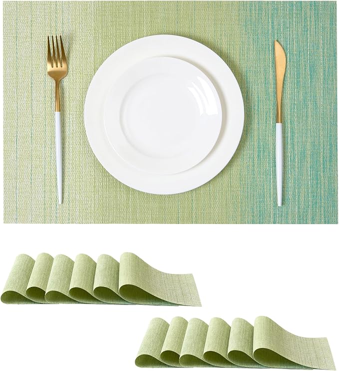 Leetaltree Gradient Green Woven Placemats Set of 12 - Heat Resistant Non-Slip Place mats for Dining Table, Washable Durable PVC Vinyl Woven Table Mats(Gradient Green, 12) by Leetaltree-ArtatEveryTable