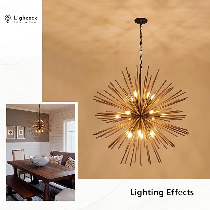 37.4" Farmhouse Sputnik Chandelier for Dining Room Rustic Handmade Natural Wood 18-Light Hanging Ceiling Pendant Light Fixture Starburst Wood Chandeliers for Kitchen Bedroom Foyer Hallway - Image 7