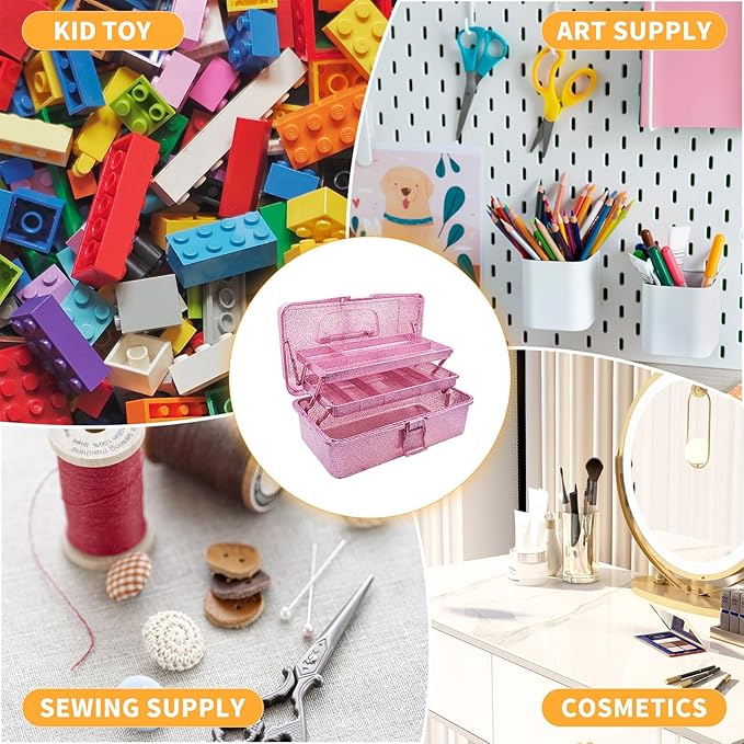 12.2inch 3-Layer Art & Craft Tool Storage Box, Beautiful Sewing Supplies Organizer, Plastic Portable Fishing Tackle Boxes, for Art Supply, Makeup, Hair Accessories, Painting Tools (Pink)